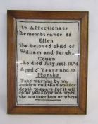 Mourning sampler - In remembrance of Ellen Cowan aged 5years and 10 months approx. 81cm x 66cm