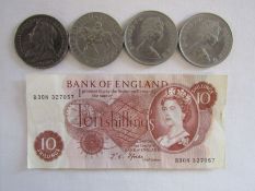 4 coins to include Queen Victoria 1894 and a ten shilling note