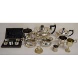 Silver plate tea set, case containing 4 + 1 silver plate serviette rings, silver plate tankards etc