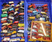 2 trays of advertising die cast vehicles including Corgi, Matchbox, Oxford & small display cabinet