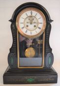 Large French slate clock with visible escapement with Ellicott pendulum Ht 49cm W 34cm D 21cm