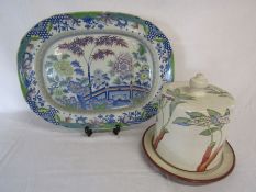 Davenport meat tray (with repair) and a pottery cheese dish