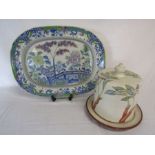 Davenport meat tray (with repair) and a pottery cheese dish