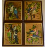 Set of 4 framed oil paintings onto leaves of birds