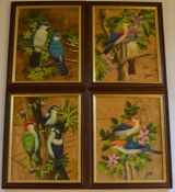Set of 4 framed oil paintings onto leaves of birds
