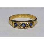 Victorian 18ct gold sapphire & diamond chip ring (1 diamond chip missing) Birmingham 1894, bearing
