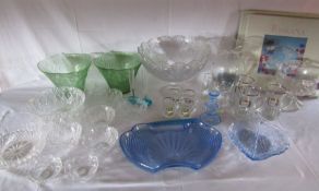 Collection of glassware to include blue glass dressing table tray and matching candlestick holder,