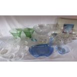 Collection of glassware to include blue glass dressing table tray and matching candlestick holder,