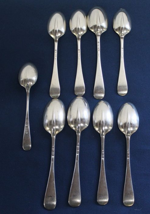 8 Victorian silver rat tail teaspoons, George Maudsley Jackson, London 1895 & 1 matched silver