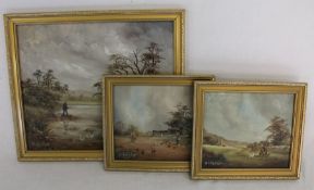 Three small oils on board by H Taylor depicting rural scenes, 34cm x 29cm & 21cm x 18.5cm (2)