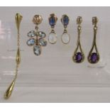 Selection of earrings - 2 pairs, one 9ct gold pair and amethyst and one 9ct gold pair with moonstone