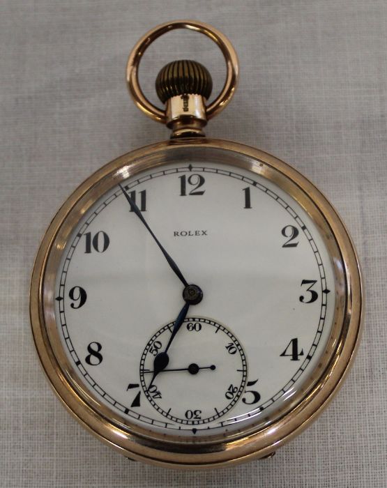9ct gold Rolex open face bezel wind pocket watch with subsidiary seconds dial, weight 85.3g all in -
