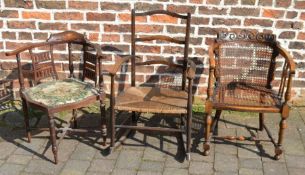 Rush seated rocking chair, Edwardian corner chair & a 1930's cane seated chair