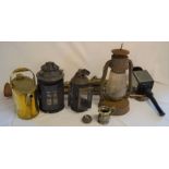 Pair of horse hames, coaching horn, carriage lamp & 3 other lamps, brass watering can, pewter gill