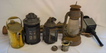 Pair of horse hames, coaching horn, carriage lamp & 3 other lamps, brass watering can, pewter gill