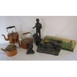 3 copper kettles with a brass stand, a tractor ornament etc