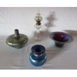 A collection of small glass items to include a Loetz blue swirl vase