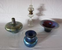 A collection of small glass items to include a Loetz blue swirl vase