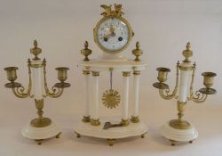 French white marble portico drum clock garniture with two candlesticks Ht 38cm