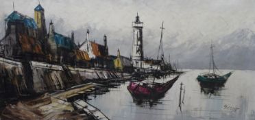 Large modernist oil on canvas depicting French harbour scene signed Gilbert, 116cm x 65cm