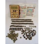 A large collection of old pennies, three pences and other coins - A stamp collectors book with