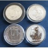 4 x £2 Britannia one ounce silver coins in plastic capsules, 1998, 2013, 2014, 2017