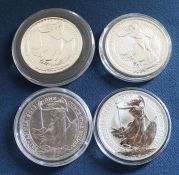 4 x £2 Britannia one ounce silver coins in plastic capsules, 1998, 2013, 2014, 2017