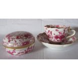 A small Meissen pink and white lidded dish with gilding approx. 7cm wide with a Meissen pink and