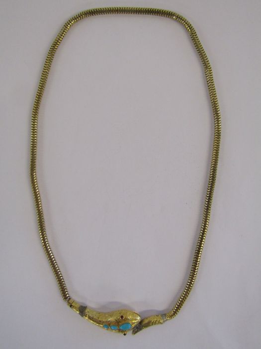 Tested as 15ct gold 20" snake necklace - head set with turquoise and garnet - may need some new