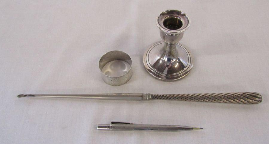 Silver Yard-o-led pencil London 1965, napkin ring Sheffield 1898 weight 0.63 ozt, candlestick