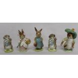 5 Beswick Beatrix Potter figurines - Benjamin Bunny, Mrs Rabbit, Miss Moppet x 2 - gold back