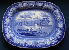 Large 19th century blue and white meat dish with Nuneham Courteney pattern & wild rose border, 56.