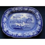 Large 19th century blue and white meat dish with Nuneham Courteney pattern & wild rose border, 56.