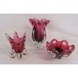 3 heavy cranberry & clear glass vases