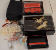 Lacquered Oriental jewellery box, costume jewellery, Pierre Cardin purse & wallet, Beswick Peter
