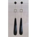 Pair of onyx drop earrings with diamond square detail 18ct white gold (all stamped on butterfly