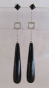 Pair of onyx drop earrings with diamond square detail 18ct white gold (all stamped on butterfly