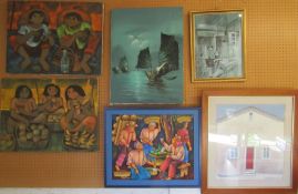 Collection of 7 mixed contemporary oils and prints and a wall art plaque