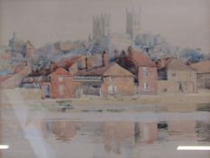 Watercolour of Lincoln Cathedral from Brayford Pool, Dated 1886 approx. 47cm x 40.5cm