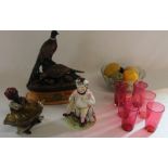 6 cranberry glass beakers, plastic fruit & glass bowl, decorative Staffordshire Bacchus figure,