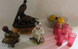6 cranberry glass beakers, plastic fruit & glass bowl, decorative Staffordshire Bacchus figure,