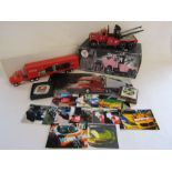 Texaco 1960 Mack-B model tow truck, a Coca-Cola truck, 2 vintage car badges and some photographs