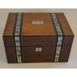 Victorian rosewood toilet or companion box inset with mother of pearl banding with inscription 'A
