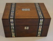 Victorian rosewood toilet or companion box inset with mother of pearl banding with inscription 'A
