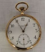 14k gold open face bezel wind pocket watch with white enamel dial and subsidiary seconds dial, maker