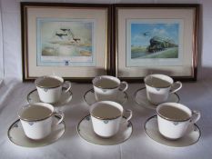 2 signed prints and 6 Royal Doulton 'Princeton' cups & saucers