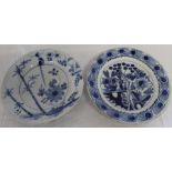 English Delft plate c. 1760 painted in blue with long tailed bird perched on rim beside bamboo /