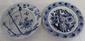 English Delft plate c. 1760 painted in blue with long tailed bird perched on rim beside bamboo /