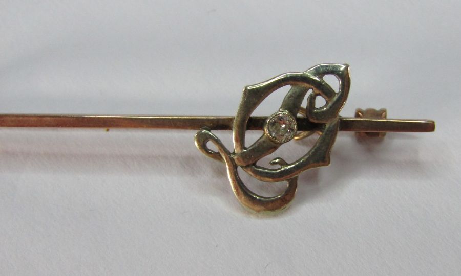Tested as 9ct gold stock pin with monogram 'OL' and diamond stone total weight 3.4g - Image 2 of 3