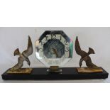 French Art Deco bronze seagull timepiece on marble stand 63cm w, 10cm d, 28cm h, keywind Marti